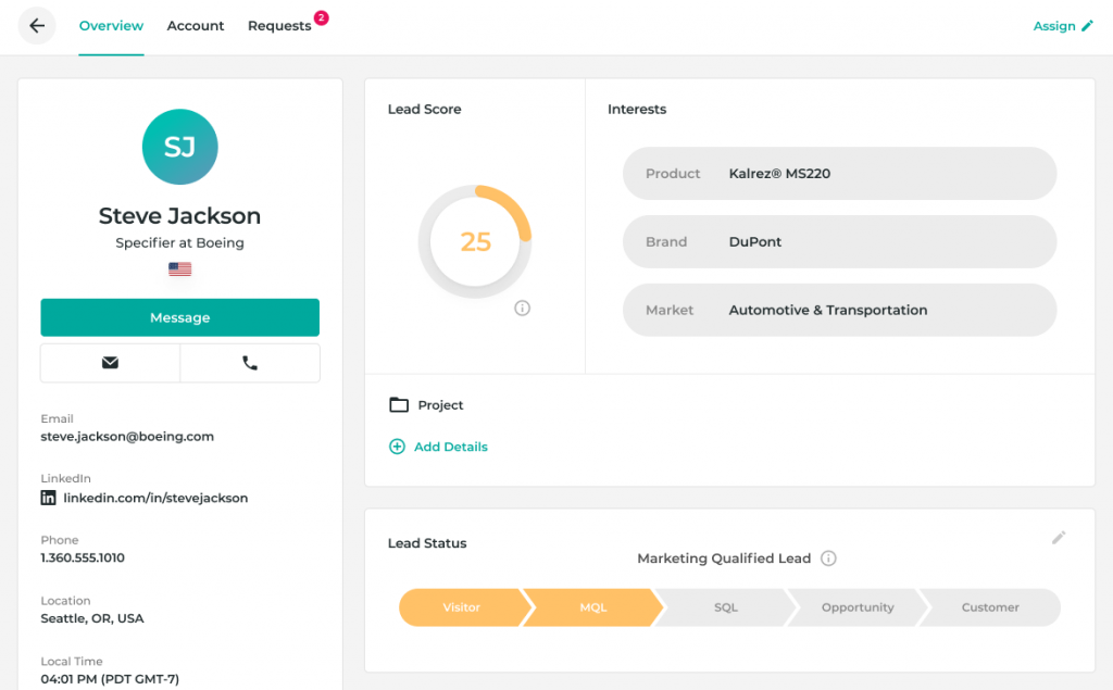 Lead profile in Knowde's Account Manager displaying Lead contact card, Lead status and Lead score