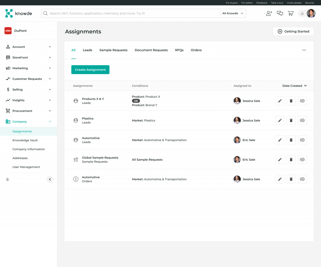 Primary view within Knowde's Assignments Dashboard from which suppliers can create new assignments and edit existing ones