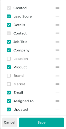 Custom columns in lead grid so that you can view leads based on attributes such as Lead Score, Job Title, and Company