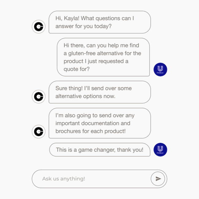 Live chat between a supplier expert and Unilever who is looking for gluten-free alternatives 
