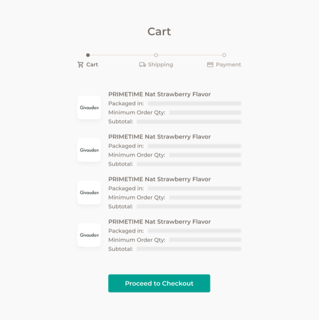 Checkout experience with Givaudan products in cart, the next steps being shipping and payment