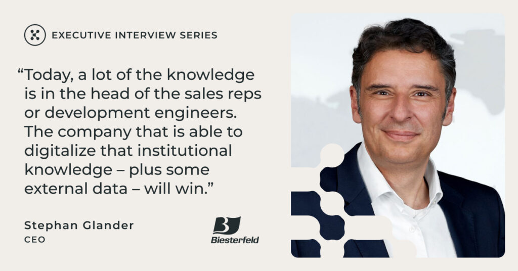 Stephan Glander headshot, CEO of Biesterfeld, with quote, "Today, a lot of the knowledge is in the head of the sales reps or development engineers. The company that is able to digitalize that institutional knowledge – plus some external data – will win."