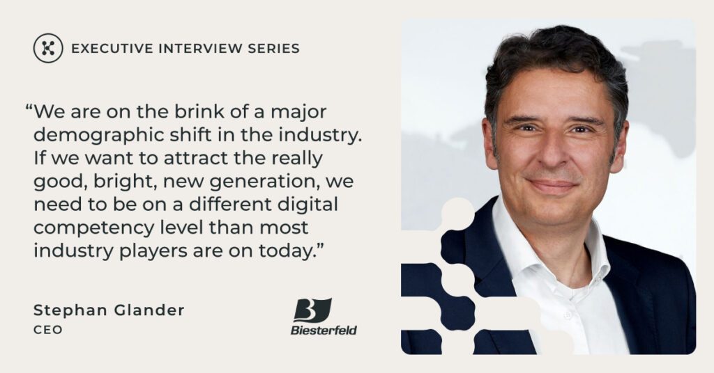 Stephan Glander headshot, CEO of Biesterfeld, with quote, "We are on the brink of a major demographic shift in the industry. If we want to attract the really good, bright, new generation, we need to be on a different digital competency level than most industry players are on today."