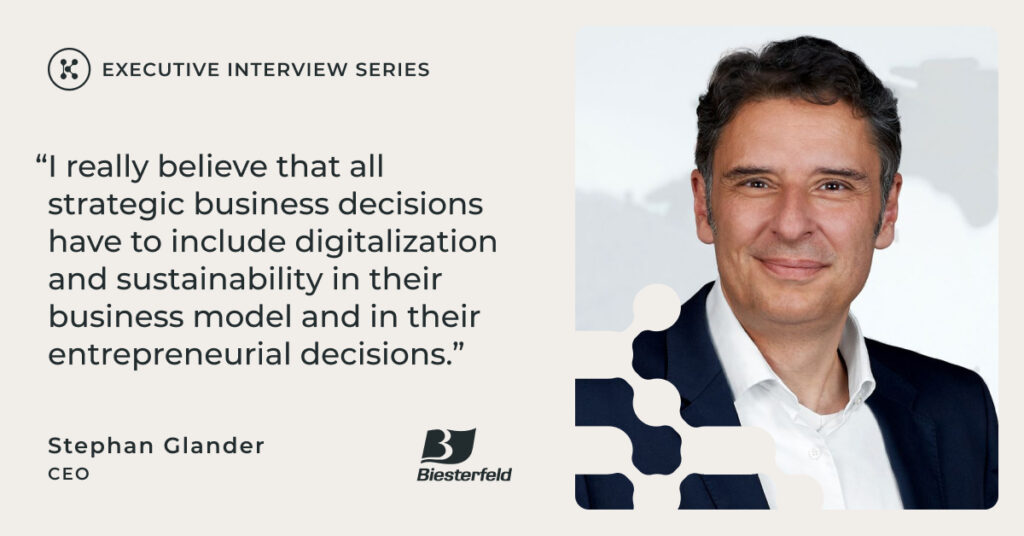Stephan Glander headshot, CEO of Biesterfeld, with quote, "I really believe that all strategic business decisions have to include digitalization and sustainability in their business model and in their entrepreneurial decisions."